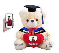 FAHOXUMR 2025 Graduation Bear with Heart, Personalised Teddy Bear Stuffed Animal as 2025 Graduation Gifts for Her Him as High School College Kindergarten Graduation Gift for Kids (10 IN-Text+Photo)