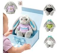 FAHOXUMR Personalised Baby Stuffed Bunny with Photo and Embroidered Name | 10 In, Soft Cozy Stuffed Bunny for Baby with Headbow, Washable Embroidery Text, Gift for Baby Shower Hospital Visit Easter