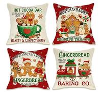 Fahrendom Christmas Gingerbread Man House Decorative Throw Pillow Cover 18x18 Set of 4, Xmas Bakery Hot Cocoa Porch Patio Outdoor Pillowcase, Winter Holiday Baking Lover Gifts Cushion Case Home Decor