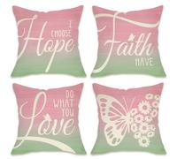 Fahrendom Faith Hope Love Decorative Throw Pillow Covers 18 x 18 Set of 4, Spring Summer Butterfly Daisy Flower Porch Patio Outdoor Pillowcase, Pink Green Easter Seasonal Cushion Case Home Decor