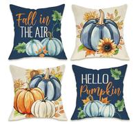 Fahrendom Fall in The Air Blue Decorative Throw Pillow Covers 18 x 18 Set of 4, Autumn Harvest Hello Pumpkin Porch Patio Outdoor Pillowcase, Sunflower Farmhouse Sofa Couch Cushion Case Home Decor