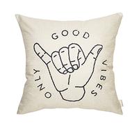 Fahrendom Good Vibes Only Aloha Hand Gesture Hang Hand Symbol Motivational Sign Cotton Linen Home Decorative Throw Pillow Case Cushion Cover with Words for Sofa Couch 18 x 18 in