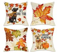 Fahrendom It's Fall Y'all Maple Leaf Dog Decorative Throw Pillow Cover 18 x 18 Set of 4, Autumn Hello Pumpkin Porch Patio Outdoor Pillowcase, Harvest Seasonal Orange Sofa Couch Cushion Case Home Decor