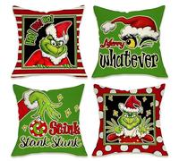 Fahrendom Merry Christmas Whatever Stripe Decorative Throw Pillow Cover 18 x 18 Set of 4, Xmas Hat Hohoho Winter Holiday Porch Patio Pillowcase, Stink Stank Stunk Polka Dot Cushion Case Home Decor