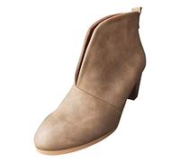 Fahsion Short Heel Booties Boots Women's Stacked Leather Boots Boots Women's Boots High Hell Boots (Khaki, 5)