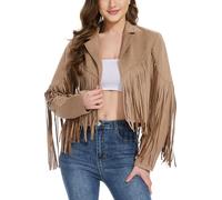 Fahsyee Women Fringe Leather Jacket Faux Suede Cowgirl Outfits Camel M