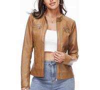 Fahsyee Women's Faux Leather Jacket Moto Biker Cropped PU Outwear Camel M