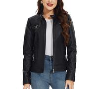 Fahsyee Women's Faux Leather Jackets, Zip Up Motorcycle Short PU Moto Biker Outwear Fitted Slim Coat Size L Black