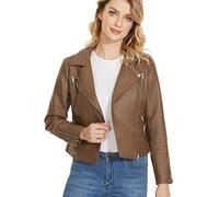 Fahsyee Zip Leather Jackets for Women Motorcycle Faux PU Moto Biker Outwear Coat, Camel, M