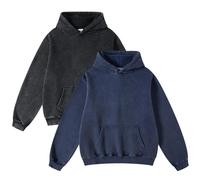FAIABLE 2 Pack Acid Wash Oversized Vintage Hoodie - Unisex Heavyweight Distress Hoodies for Men Women Couples, Blue+Black, XL