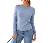 FAIABLE Boat Neck Tops for Women Long Sleeve Fitted Cotton Stretch Basic Tee Slim Fit Casual Layering Shirts, Denim Blue, S