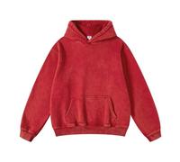 FAIABLE Mens Hoodies Oversized Unisex Acid Wash Hoodie Heavyweight Fleece Vintage Cotton Sweatshirt Men Women Streetwear, Red, XS