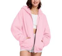 FAIABLE Womens Mens Double Zip Up Hoodie Oversized Acid Wash Heavyweight Hoodie Distress Cotton Fleece Full Zipper Sweatshirt, Pale Pink, Large