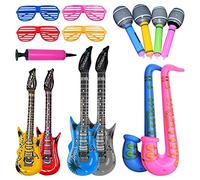 FAIHTS 15PCS Inflatable Rock Star Toy Set Inflatables Saxophone Guitar Microphone Inflatable Neon Color Sunglasses Instruments Party Props with Balloon Pump for Party Decoration Prop Random Color