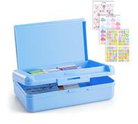 Fainne 1 Pc Blue Double Layer Pencil Box with 3 Sheet Stickers Large Capacity Plastic Pencil Case Supplies Hard Shell Crayon Box Organizer for Gel Pens Erasers Sew Art Craft Supplies