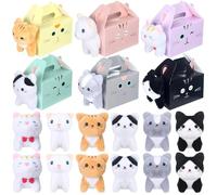 Fainne 12 Pcs Cat Party Favors Boxes with 12 Pcs Mini Plush Kitten Set Adopt a Pet Cat Party Favors Treat Boxes Foldable Gift Kitten Theme Stuffed Animal for Birthday Supplies Decoration