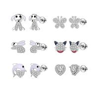 FAIOUS 8 Pairs S925 Sterling Silver Stud Earrings Hypoallergenic Earrings Lightning, Moon and Heart CZ Tiny Butterfly For Kids, Toddlers, Little Girls, Teens, Women, Sterling Silver, Cubic Zirconia
