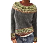 Fair Isle Jumper Womens Crew Neck Plus Size Cotton Fair Isle Sweater Knit Fitted Print Jumpers Spring Basic Warm Long Sleeve Jumpers for Women UK Festival Gift for Women