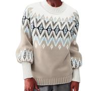 Fair Isle Jumpers for Women UK Icelandic Sweaters Soft Nordic Jumpers Cosy Warm Crew Neck Long Sleeves Autumn Sweater Casual Pullover Tops Ladies Christmas Knitwear, Beige, XL
