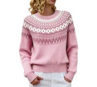 Fair Isle Jumpers for Women UK Retro Crew Neck Icelandic Art Printed Knitted Pullover Crew Neck Casual Fashion Sweater Plus Size Tops Winter Warm Ladies Pullover Sweatshirts (Light Pink, XXL)