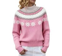 Fair Isle Jumpers for Women UK Retro Crew Neck Icelandic Art Printed Knitted Pullover Crew Neck Long Sleeve Casual Fashion Sweater Plus Size Tops Winter Warm Ladies Pullover Sweatshirts (Pink, S)