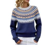 Fair Isle Jumpers for Women UK Retro Crew Neck Icelandic Art Printed Knitted Pullover Crew Neck Long Sleeve Casual Fashion Sweater Plus Size Tops Winter Warm Ladies Pullover Sweatshirts (Navy, L)