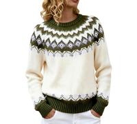 Fair Isle Jumpers for Women UK Retro Crew Neck Icelandic Art Printed Knitted Pullover Crew Neck Long Sleeve Casual Fashion Sweater Plus Size Tops Winter Warm Ladies Pullover Sweatshirts (Green, XXXL)