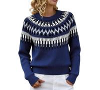 Fair Isle Jumpers for Women UK Retro Crew Neck Icelandic Art Printed Knitted Pullover Crew Neck Long Sleeve Casual Fashion Sweater Plus Size Tops Winter Warm Ladies Pullover Sweatshirts (Blue, S)