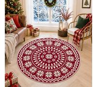 Fair Isle Snowflake Christmas Round Area Rug 5ft | Miniature Pine Trees, Round Carpet, Geometric Knitted Border, Rustic Farmhouse Enthusiasts, Fireside Accents