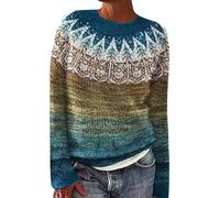 Fair Isle Sweater for Women UK Warm Long Sleeve Crewneck Lightweight Sweaters Casual Relaxed Fit Comfort Jumpers Trendy Fall Winter Oversized Pullover Tops