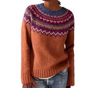 Fair Isle Sweater for Women Vintage Holiday Winter Sweater Oversize Knitted Aztec Printed Long Sleeve Boat Neck Lightweight Retro Cute Holiday Festival Jumper Pullover