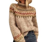 Fair Isle Sweater for Women Vintage Holiday Winter Sweater Oversize Knitted Aztec Printed Long Sleeve Boat Neck Lightweight Retro Cute Holiday Festival Jumper Pullover