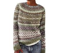 Fair Isle Sweater Women Vintage Holiday Winter Sweater Oversize Knitted Aztec Printed Long Sleeve Boat Neck Lightweight Retro Cute Pullover Tops
