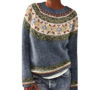 Fair Isle Wool Jumpers for Women UK Ladies Jumpers Winter Crew Neck Classics Print Casual Vintage Knitted Sweater Plus Size Soft Warm Tops Womens Winter Jumpers Crew Neck Pullover (E-Blue, XXXXXL)