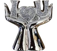 Fair Trade & Handmade | Silver I L U Holding love Shelf sitter display Sparkle Home Decor Gift Mantelpiece Ornament Bling Crushed Diamond Gift 'I U' Sign | 25cm x 10cm |