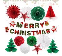 Fairblo 14pcs Paper Christmas Decorations Banner Set Reusable Christmas Ceiling Hanging Decorations, Paper Snowflake Star Chirstmas Tree Merry Christmas Banner for Indoor Xmas Room Wall Table Decor