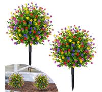 Fairblo 2Pcs Artificial Boxwood Topiary Balls Trees with Flowers 21.6 inch Artificial Plants Trees Outdoor with Ground Spike UV Resistant Fake Plants Faux Camellia Shrubs for Porch Garden (Multicolor)