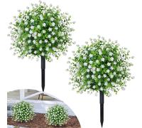 Fairblo 2Pcs Artificial Boxwood Topiary Balls Trees with White Flowers 21.6inch Artificial Ball Plants Trees Outdoor with Ground Spike UV Resistant Fake Plants Faux Camellia Shrubs for Porch Garden