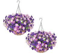 Fairblo 2Pcs Artificial Hanging Baskets Outdoor Artificial Flowers DIY Chain Hanging Basket Fake Morning Glory Flowers Silk Faux Spring Flowers Home Decoration for Porch Balcony Garden (Purple White)