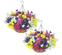Fairblo 2Pcs Artificial Hanging Baskets Outdoor Faux Silk Morning Glory Flower Fake Flowers DIY Chain Hanging Basket Artificial Hanging Plants for Spring Porch Balcony Garden Home Decor (Multicolor)