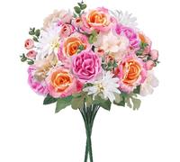Fairblo 2Pcs Peony Artificial Flowers Pink Fake Roses Peonies Bunch of 10 Heads Large Mixed Silk Hydrangea Dahlia Bouquet Faux Flower Artificial Spring Flowers for Graves Wedding Table Home Decor