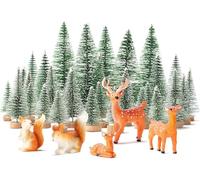 Fairblo 35Pcs Mini Bottle Brush Christmas Trees Set, Mini Artificial Christmas Tree, Small Sisal Trees Snow Frost Trees with Woodland Animals Deer Squirrel for Christmas Tabletop Decoration