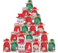 Fairblo 50Pcs Christmas Drawstring Gift Bags Small Christmas Wrapping Bags Xmas Party Bags with Ribbon for Xmas Party Birthday Holiday Present Cookies Candy Treats 5 Styles
