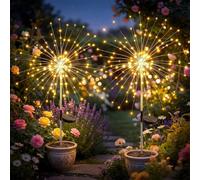 Fairdeer Solar Firework Lights Outdoor Garden, 2 Pack Warm White 120 LED Solar Starburst Garden Stake Lights with 8 Modes, Waterproof Decorative Pathway Lights for Garden, Patio, Lawn & Flower Beds