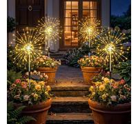 Fairdeer Solar Firework Lights Outdoor Garden, 4 Pack Warm White 120 LED Solar Starburst Garden Stake Lights with 8 Modes, Waterproof Decorative Pathway Lights for Garden, Patio, Lawn & Flower Beds