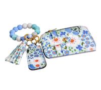 FAIREDEAR Women's Boho Beaded Wallet - Beaded Tassel Keychain, Credit Card Holder Purse with Floral Pattern, Stylish Wristlet Wallet for Women (Light Blue, With Lipstick bag)