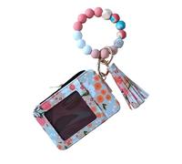 FAIREDEAR Women's Boho Beaded Wallet - Beaded Tassel Keychain, Credit Card Holder Purse with Floral Pattern, Stylish Wristlet Wallet for Women (Khaki, NO Lipstick bag)