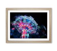 Fairground Swing At Night In Abstract Modern Art Framed Print | A4 Oak Framed Wall Art | Ready to Hang | Abstract Fantasy Picture | Living Room Bedroom Lounge Office