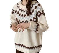 Fairisle Jumper Women Long Sleeve Plus Size Womens Sweaters Fair Isle Norwegian Retro Print Knitted Sweaters Casual Loose Lightweight Crewneck Striped Jumpers Basic Ladies Christmas Jumpers