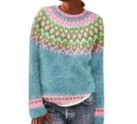 Fairisle Jumper Women Long Sleeve Plus Size Womens Sweaters Fair Isle Norwegian Retro Print Knitted Sweaters Casual Loose Lightweight Crewneck Striped Jumpers Basic Ladies Christmas Jumpers